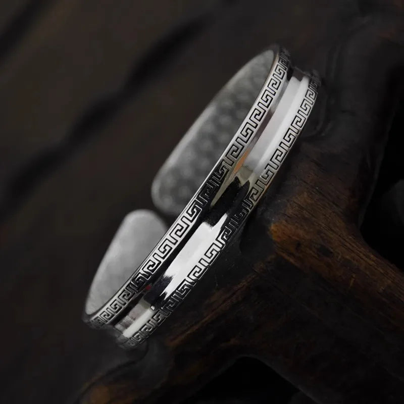 Silver 925 Circular Texture Bracelet for Men and Women Vintage Couple Style Solid Opening Engraved Small Flower Bangles Jewelry