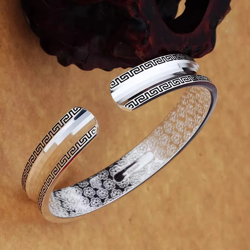 Silver 925 Circular Texture Bracelet for Men and Women Vintage Couple Style Solid Opening Engraved Small Flower Bangles Jewelry