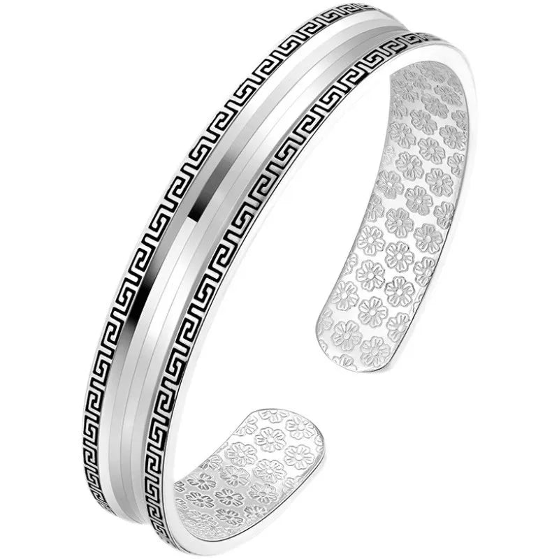 Silver 925 Circular Texture Bracelet for Men and Women Vintage Couple Style Solid Opening Engraved Small Flower Bangles Jewelry