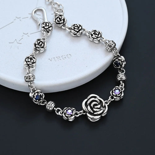 100% Solid 925 Sterling Silver Retro Bracelet for Women Men Vintage Handmade Rose Shape Simple Bracelet Birthday Gift