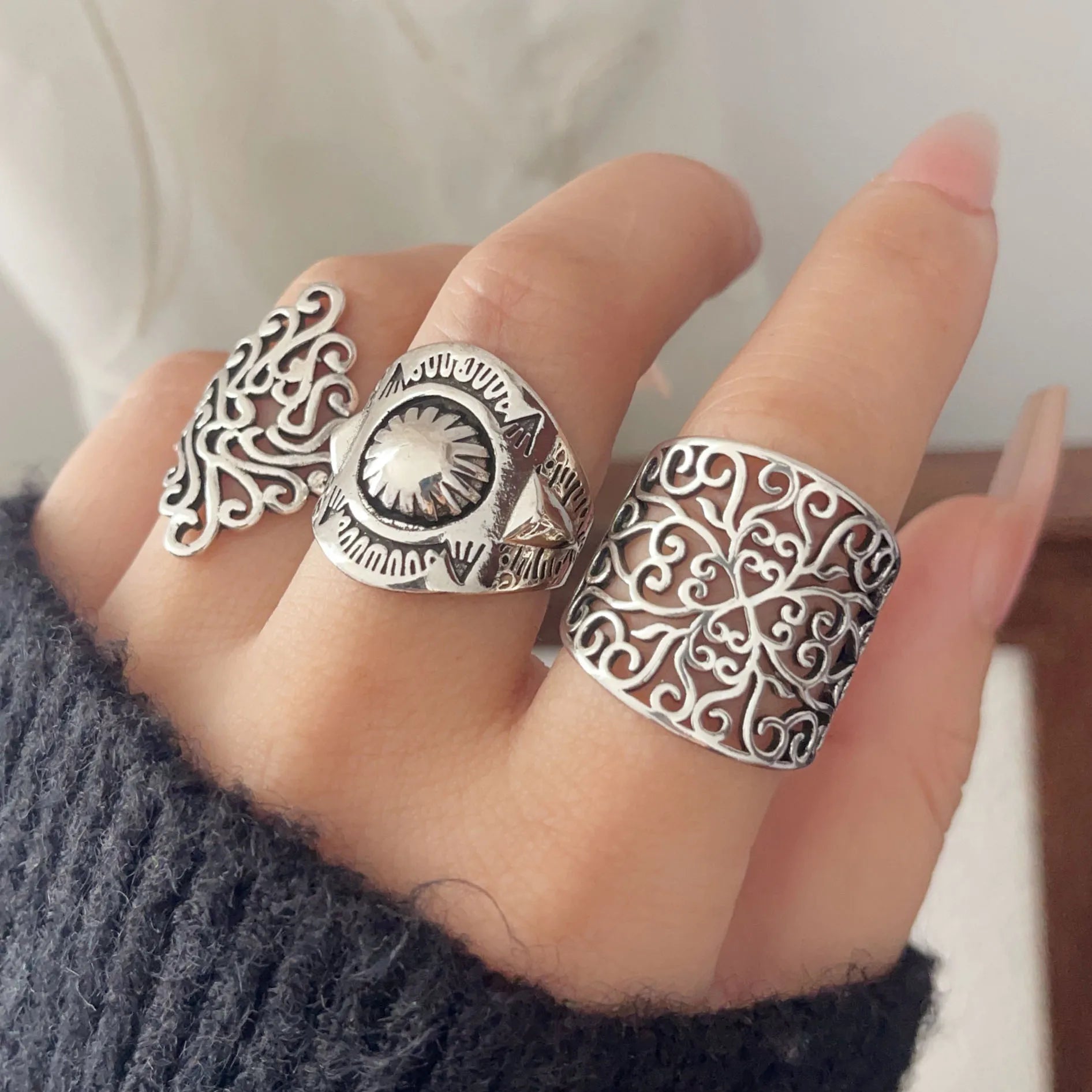 925 Sterling Silver Rings for Women Geometric Fine Jewelry Finger Adjustable Retro Flower Hollow Ring for Party Birthday Gift