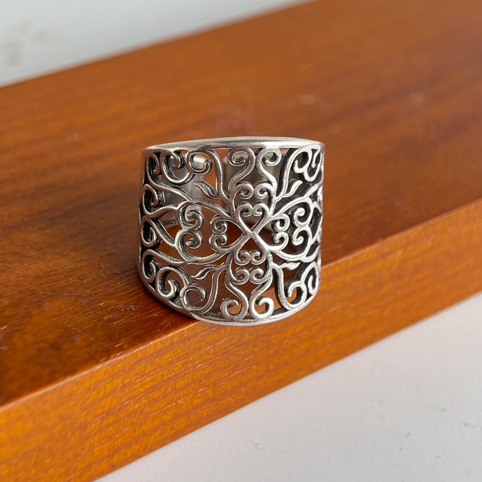 925 Sterling Silver Rings for Women Geometric Fine Jewelry Finger Adjustable Retro Flower Hollow Ring for Party Birthday Gift