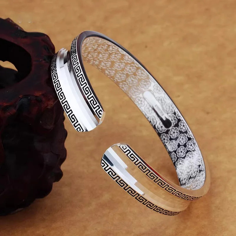 Silver 925 Circular Texture Bracelet for Men and Women Vintage Couple Style Solid Opening Engraved Small Flower Bangles Jewelry