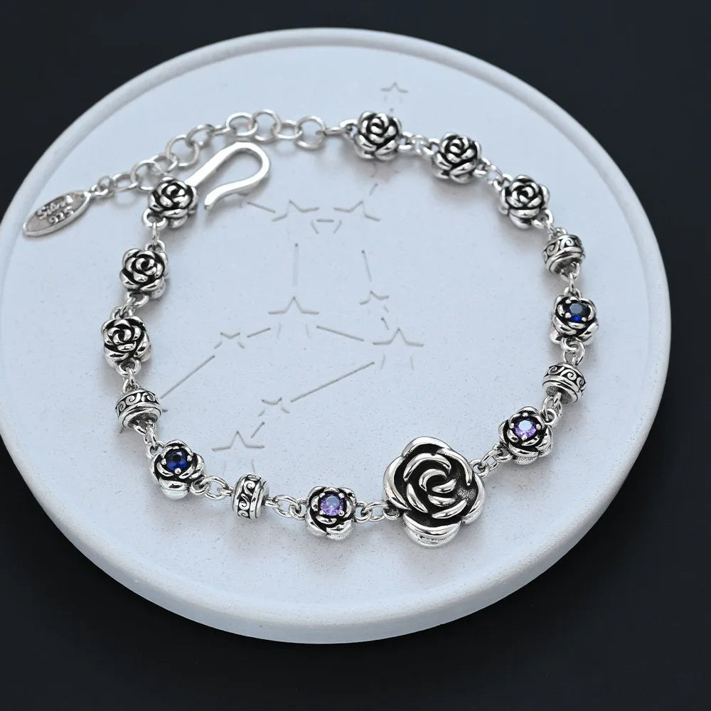 100% Solid 925 Sterling Silver Retro Bracelet for Women Men Vintage Handmade Rose Shape Simple Bracelet Birthday Gift