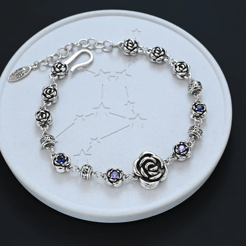 100% Solid 925 Sterling Silver Retro Bracelet for Women Men Vintage Handmade Rose Shape Simple Bracelet Birthday Gift